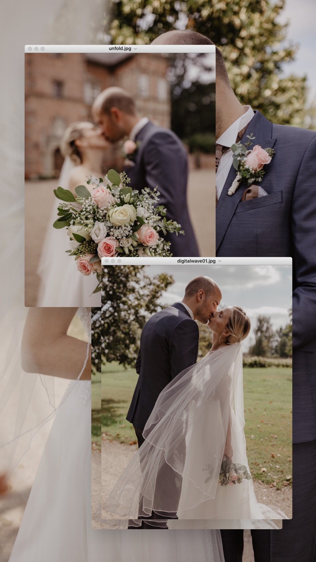 Mehrere überlappende Fotos eines Hochzeitspaares, das sich küsst, mit Brautstrauß und im Freien bei Sonnenschein.