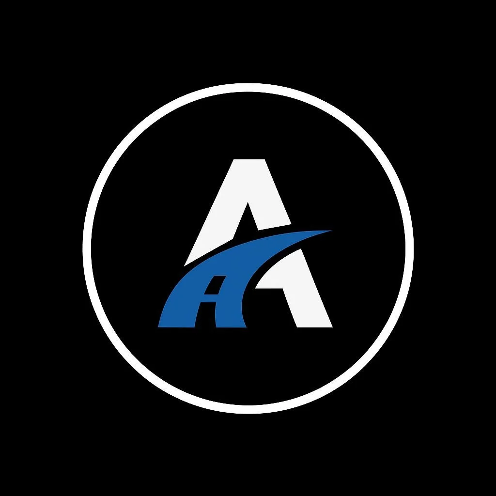 Logo featuring a large gray letter A with a blue curved road running through it, on a black background with a white circular border.
