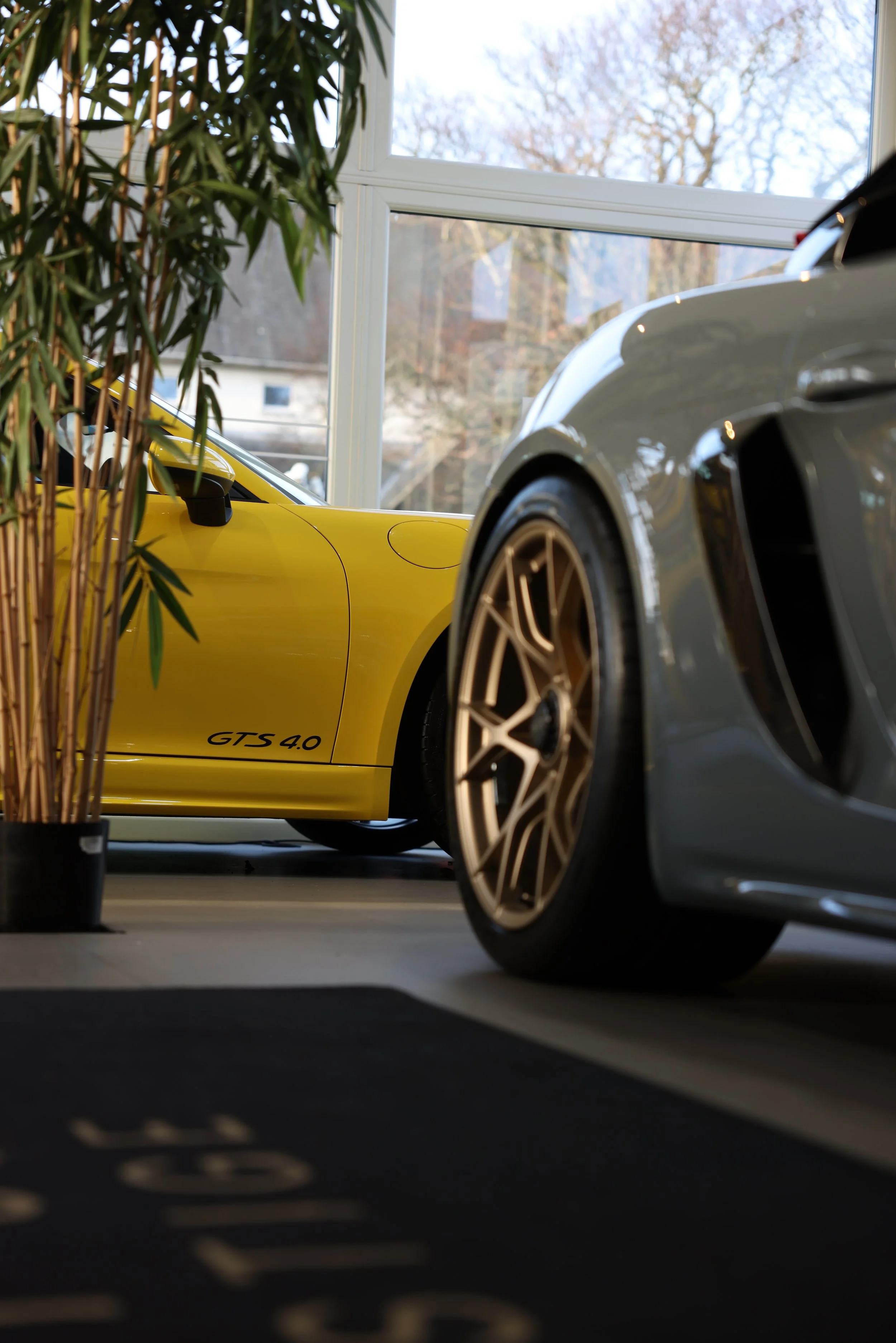 Close-up of a silver sports car and a yellow Porsche GTS 4.0 with gold wheels parked inside a showroom with large windows and a potted plant in the foreground.