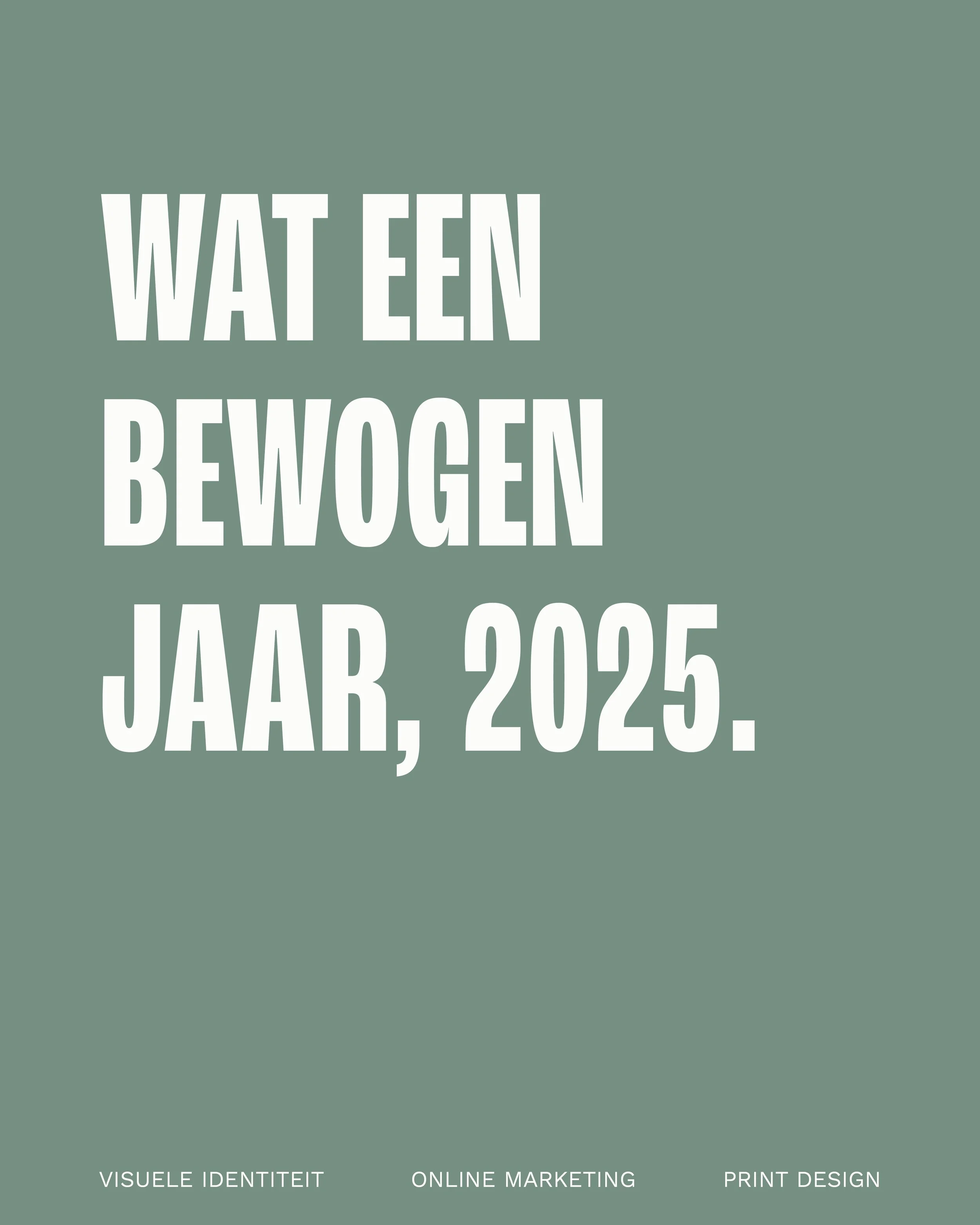 Green background with white text in Dutch reading "What a promising year, 2025." and smaller text at the bottom saying "Visual identity, online marketing, print design."