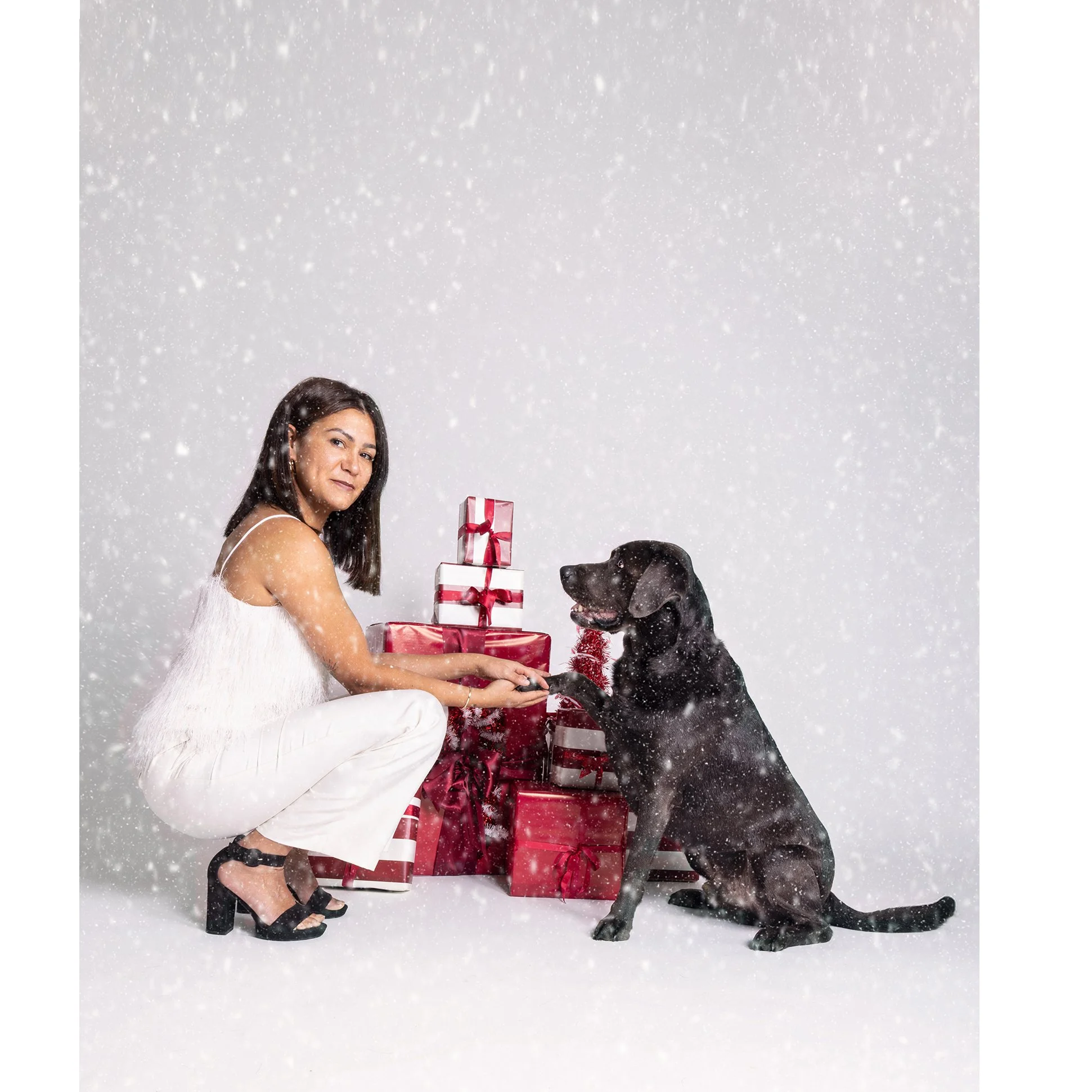 Frau mit schwarzen Haaren in weißen Kleid und schwarzen hohen Schuhen, sitzt vor roten Geschenkpaketen, neben einem schwarzen Hund, der ihnen die Pfote gibt, während Schneeflocken fallen.