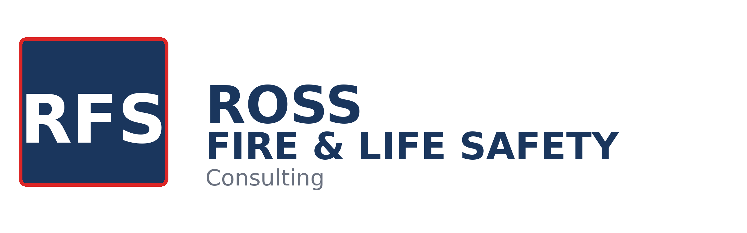 Logo for RFS Ross Fire & Life Safety Consulting featuring a dark blue square with white initials 'RFS' and dark blue text for the company name and services.