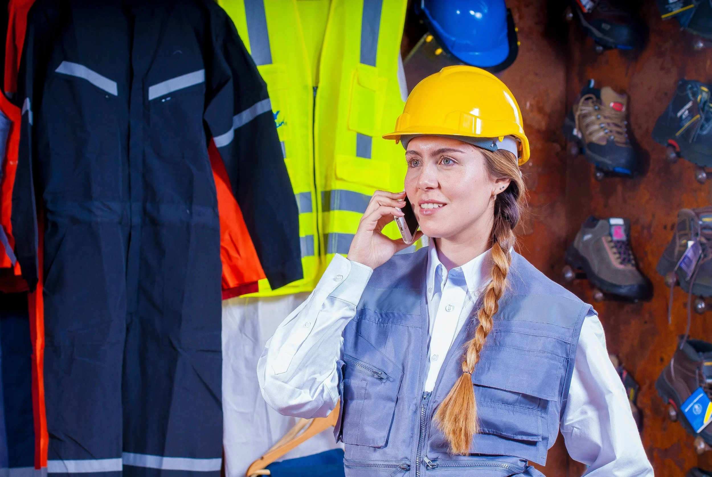 Young woman wearing a yellow safety helmet and a blue work vest, talking on a cellphone inside a gear store with work jackets, safety vests, helmets, and boots on display.