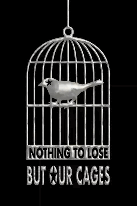 Un uccello di metallo in una gabbia con la scritta "Nothing to lose but our cages".