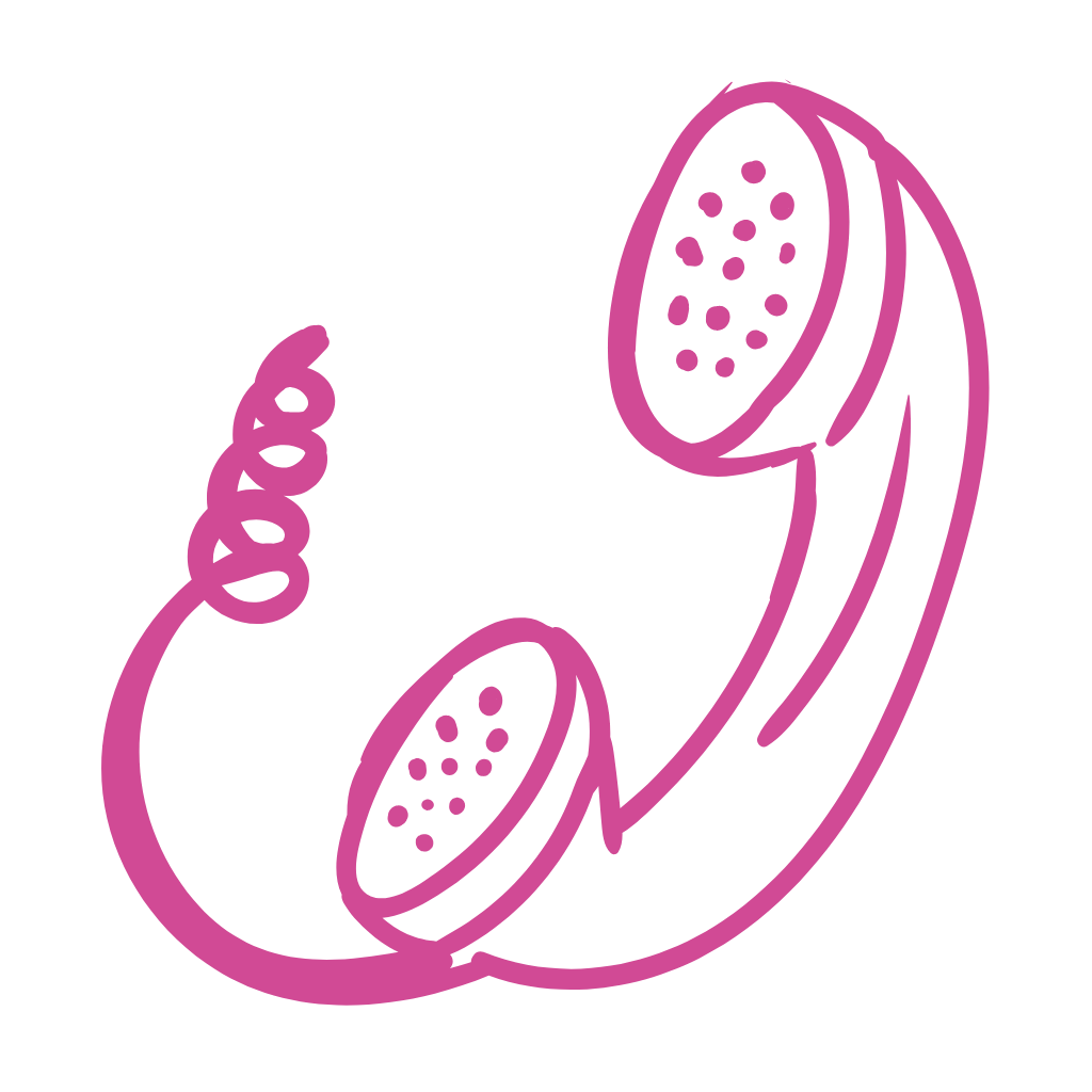 Pink line drawing of an old-fashioned telephone with a rotary dial and a coiled cord on a black background.