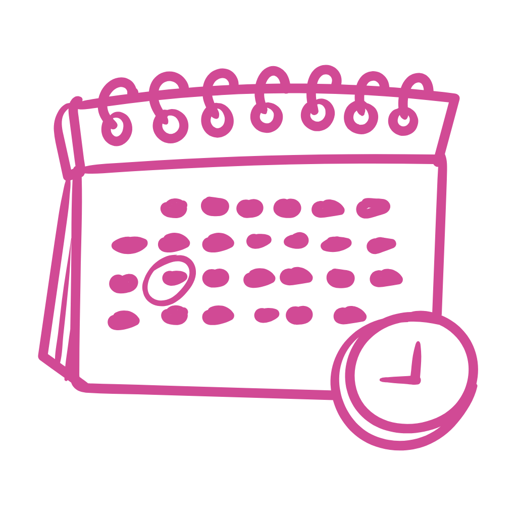 Drawing of a calendar with a clock, depicted in purple lines on a black background.