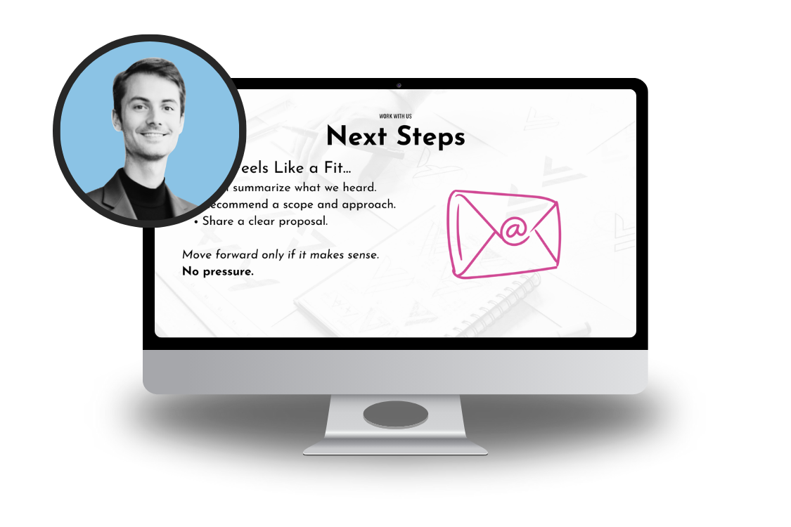 A computer monitor displaying a presentation about next steps, with a diagram of an envelope with an '@' symbol, and a person's profile picture in a circular frame in the top left corner.