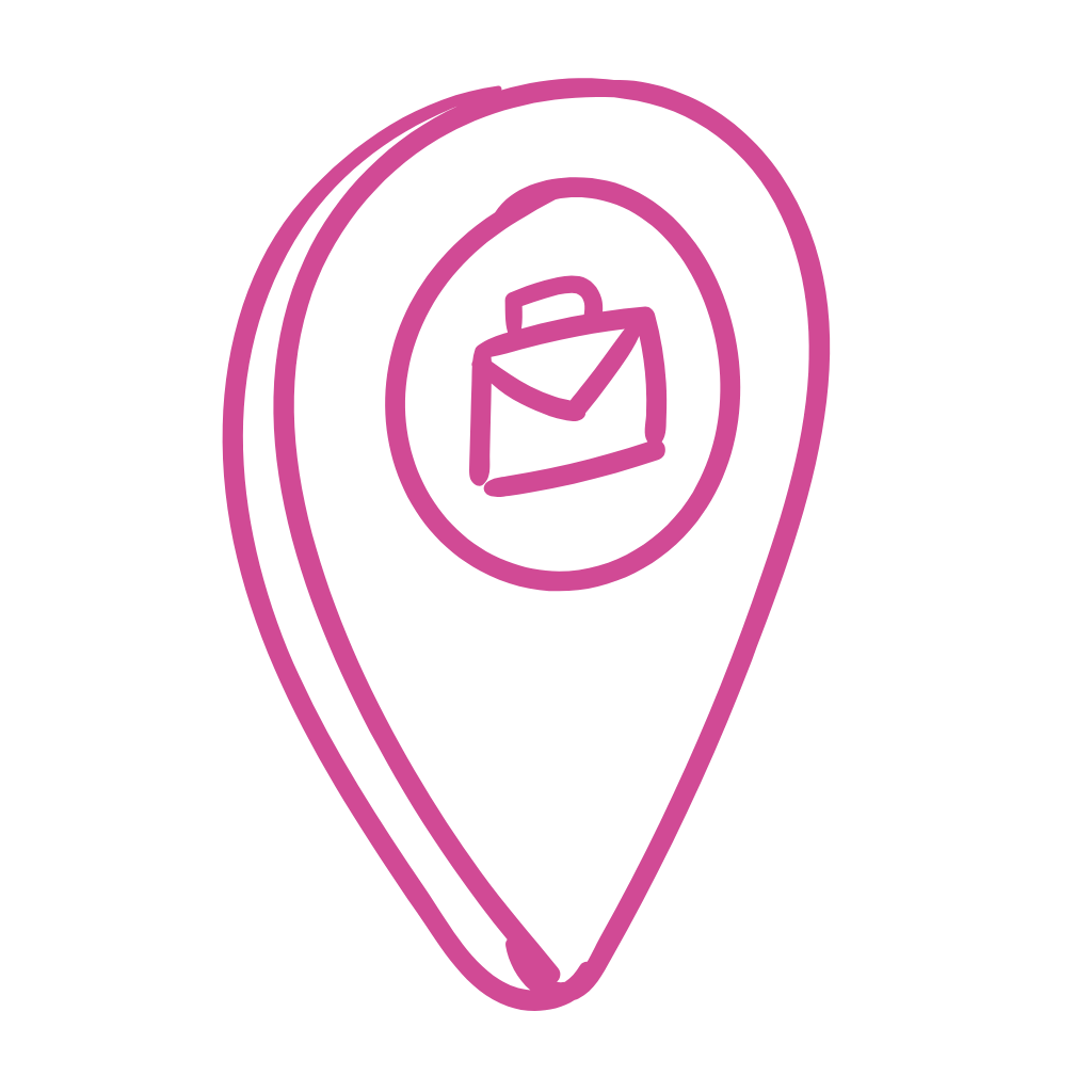 Bright pink neon sign of a map marker with an envelope icon in the center, on a black background.