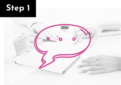 A person drawing a pink speech bubble on a white piece of paper with a black label "Step 1" in the top left corner.