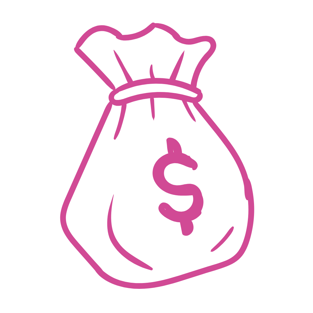 Pink neon drawing of a money bag with a dollar sign on it against a black background.
