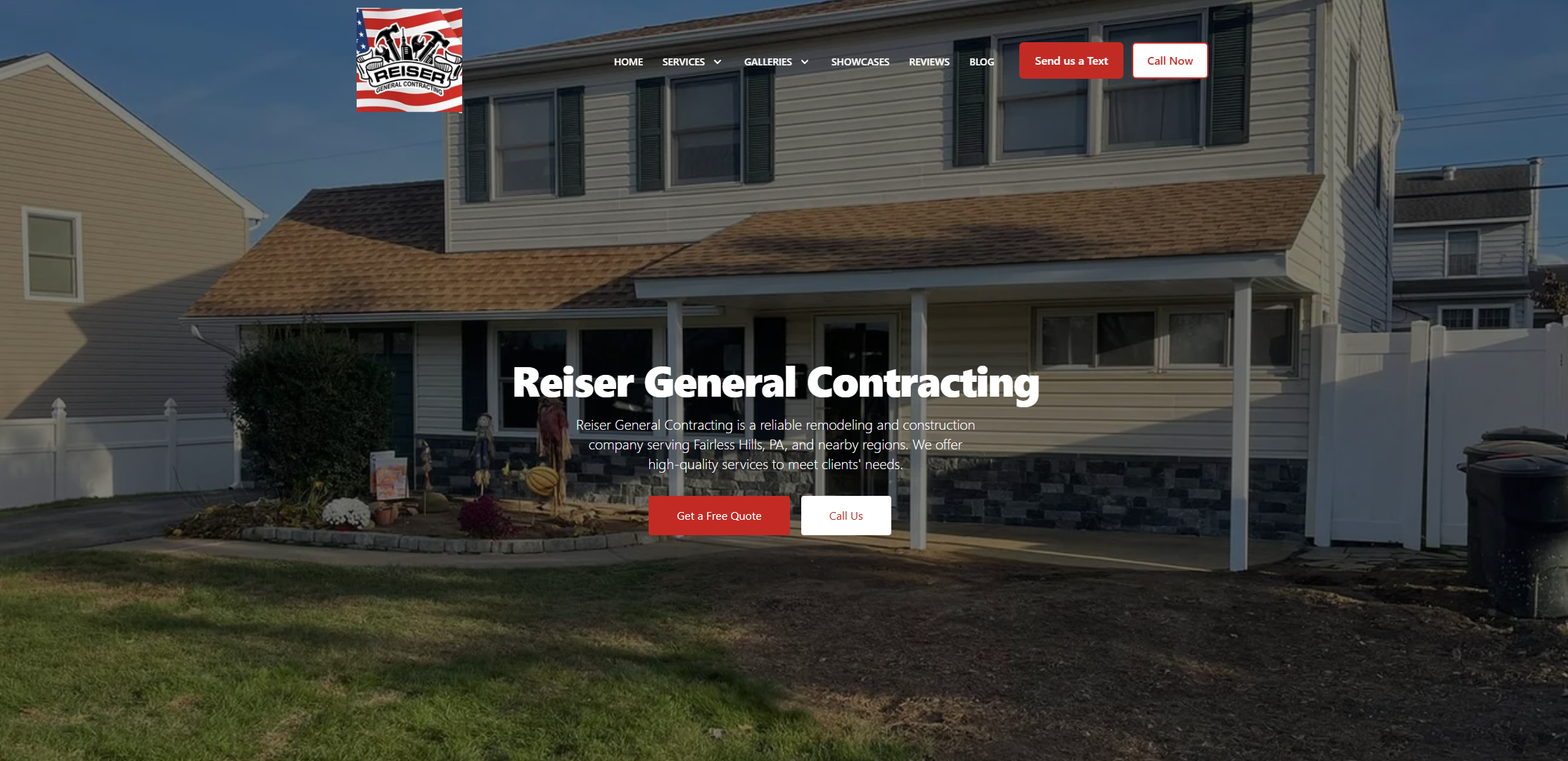 Front view of a two-story house with beige siding and a small landscaped area with decorations. Website overlay with logo, navigation menu, and buttons for Reiser General Contracting.