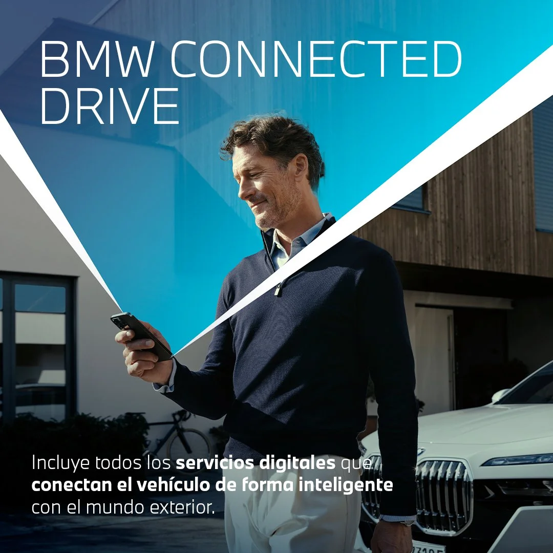 Imagen de un hombre leyendo en su teléfono, frente a un coche de lujo y un edificio moderno, con texto que dice 'BMW CONNECTED DRIVE' y una descripción de servicios digitales para vehículos conectados inteligentes.