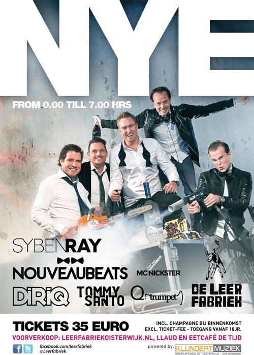 Poster voor een nachtclub in New York met foto van vijf feestvierders, grote tekst 'NYE', en verschillende artiestennamen.