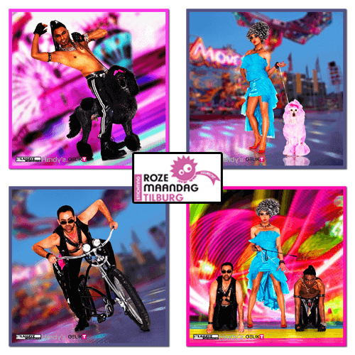 Vier verschillende promotiefoto's voor een evenement, met mensen in kleurrijke en opvallende outfits, waaronder een danseres, een vrouw met een hond, een vrouw op een fiets en een groep mensen op een podium met levendige achtergrondlights, met een lo