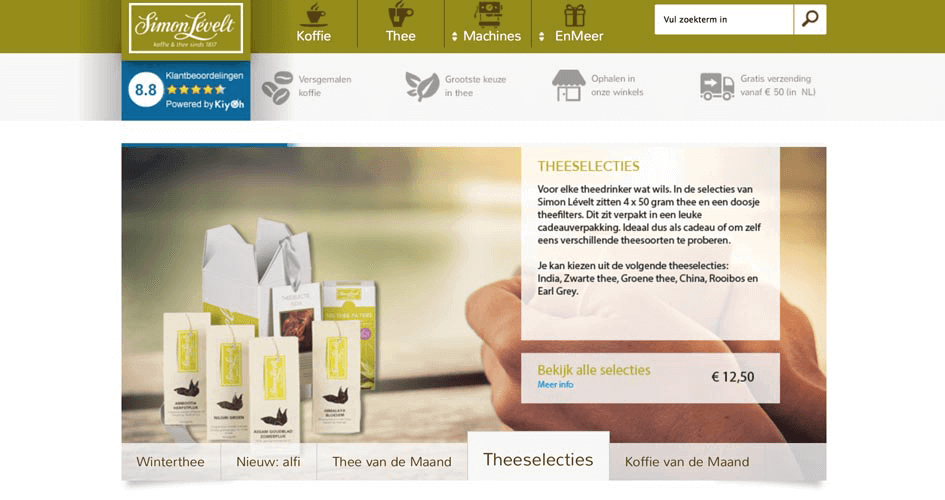 Screenshot van een website van Simon Lévelt met verschillende theesoorten en informatie over theeselecties.