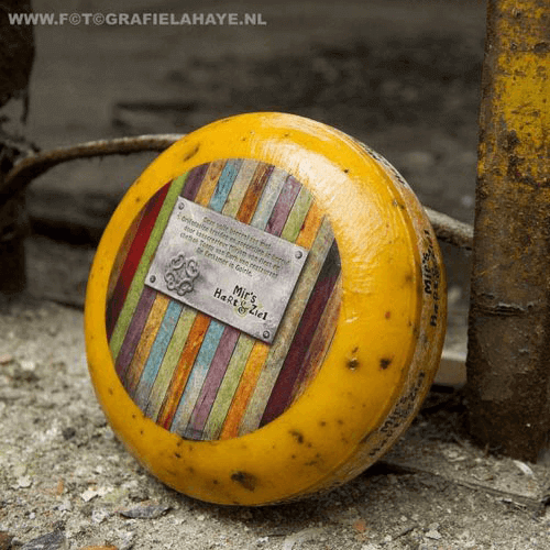 Gevallen gele kaas met een label, op de grond naast een paal.