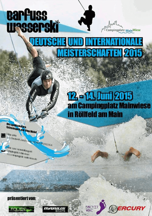 Poster voor de Duitse en internationale waterskampioenschappen 2015, gehouden van 12 tot 14 juni op Campingplatz Mainwiese in Röllfeld am Main, met een afbeelding van een wakeboarder en een sprong vanaf de kabelbaan.