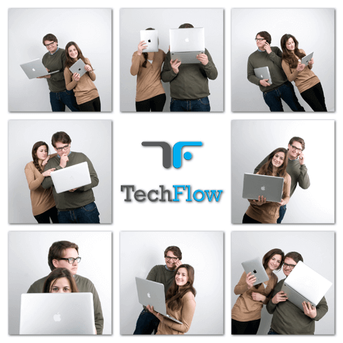 Vijf mensen met laptops en tablets poseert tegen een witte achtergrond, center logo met 'TechFlow' tekst.