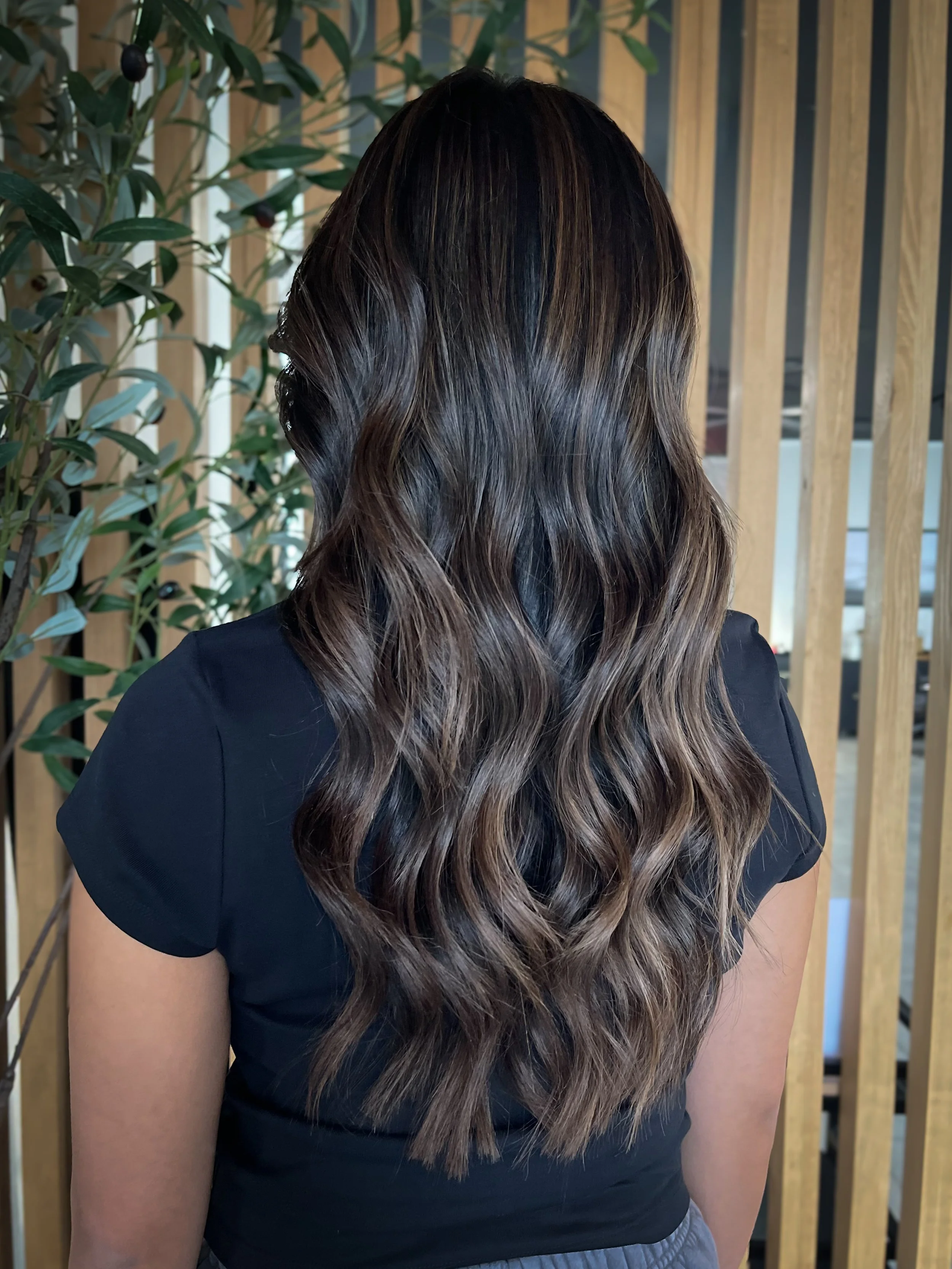 The backside of a woman showcasing her hair. Her hair color is dark brown with rooty light brown highlights. The women is wearing a black t shirt. 
