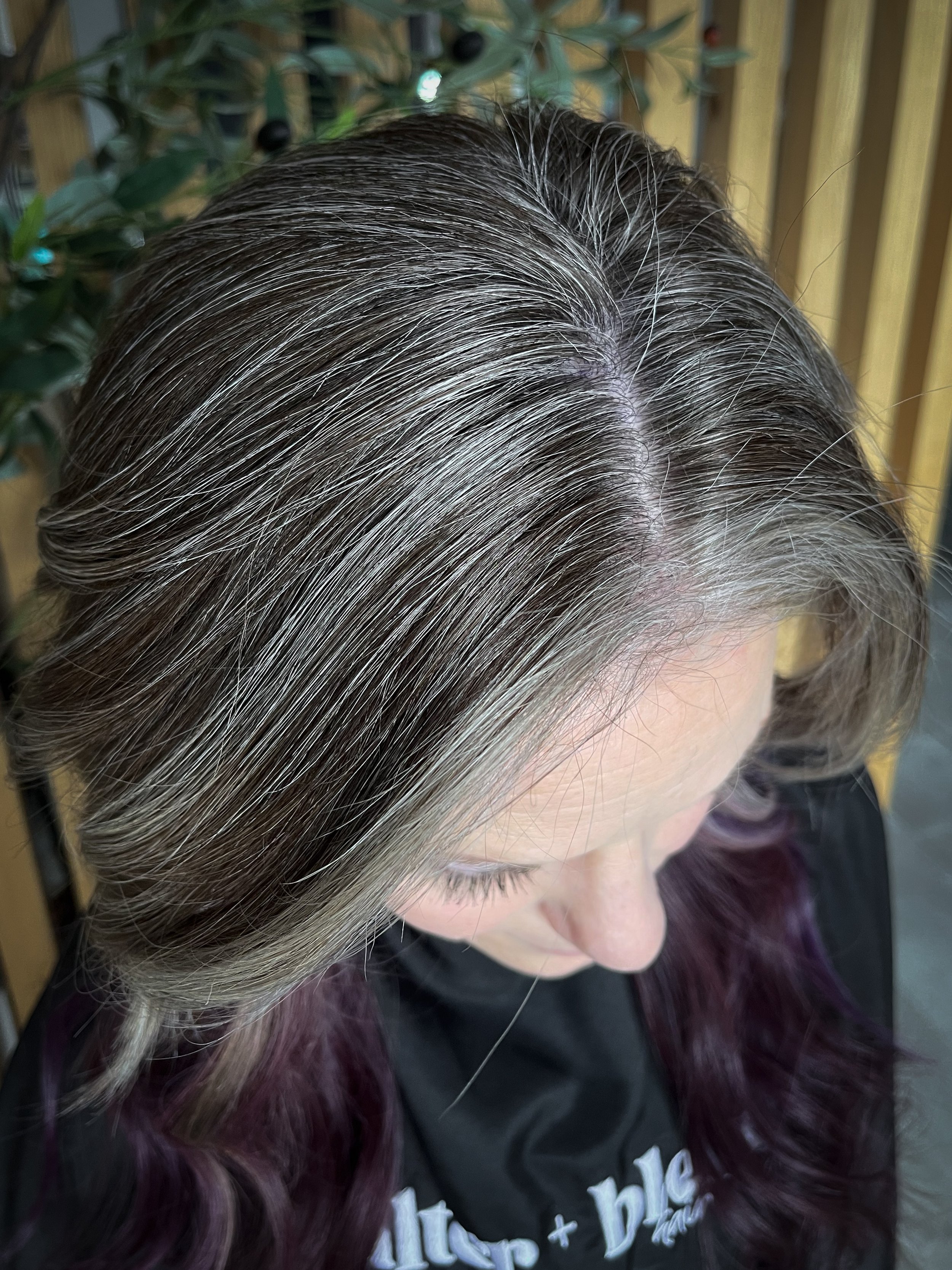 Woman showing off her gorgeous grey hair with purple ends.