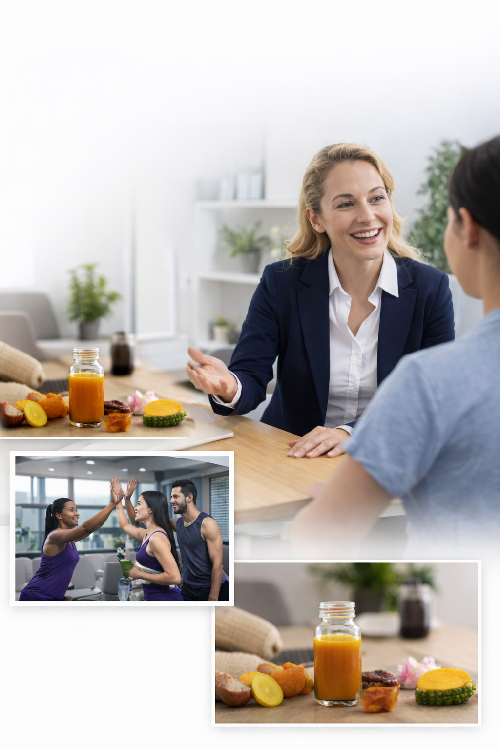 Two women having a conversation at a breakfast table with juice, fruit, and pastries, in a bright, modern kitchen; two other women high-fiving in a fitness studio
