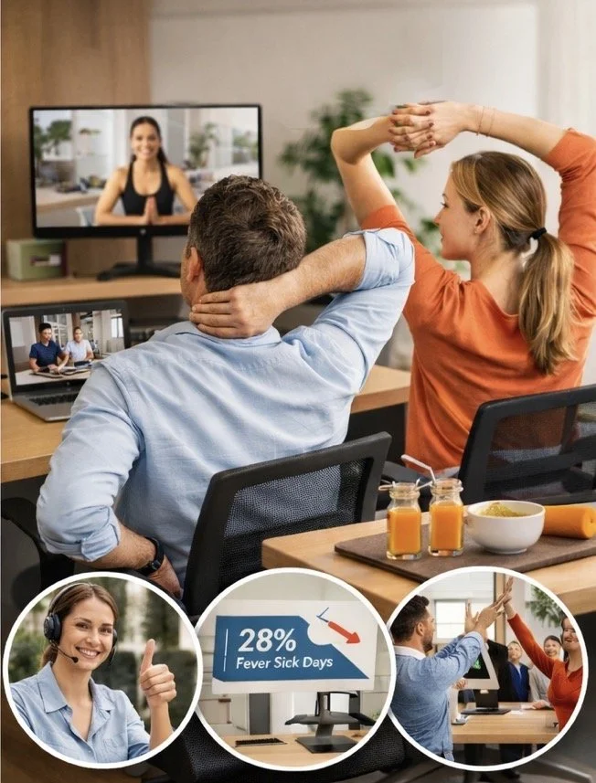 A couple participates in a virtual yoga session while working from home, with a woman stretching and a man toucHing his neck, sitting at a desk with a computer and a tablet, and a TV in the background showing an instructor. The scene includes healthy snacks on the desk, a smiling woman giving a thumbs-up, a graphic showing 28% of people experiencing fever or sick days, and people clapping in a meeting.