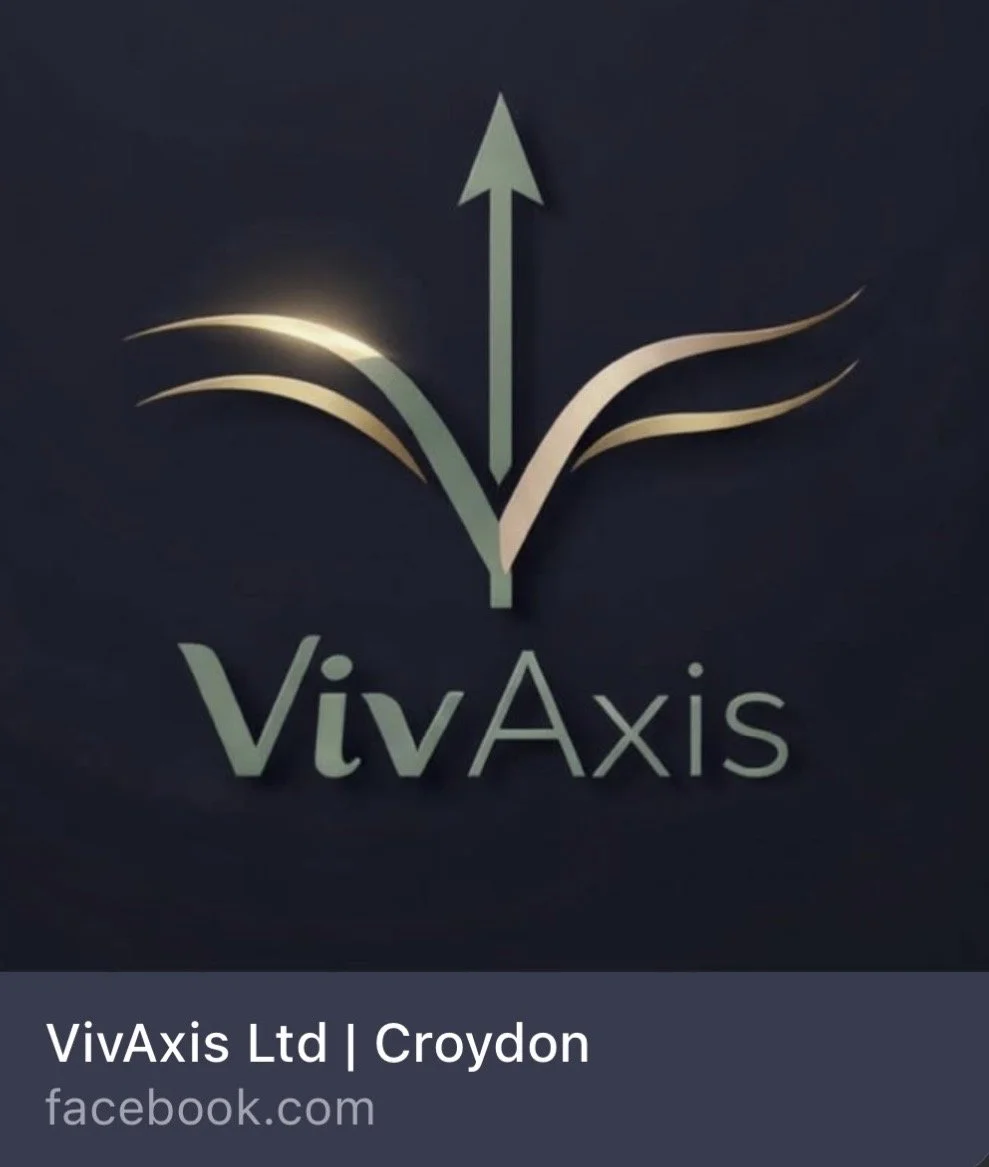 alt="VivAxis Ltd Facebook page screenshot: official logo with upward arrow design, company name VivAxis Ltd, location Croydon"