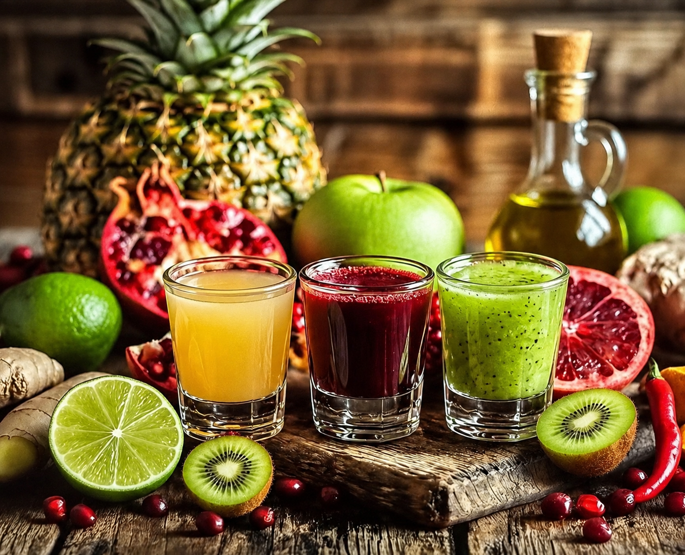 Fresh ginger and turmeric wellness shots with pineapple, kiwi, pomegranate and citrus fruits on a rustic wooden table.