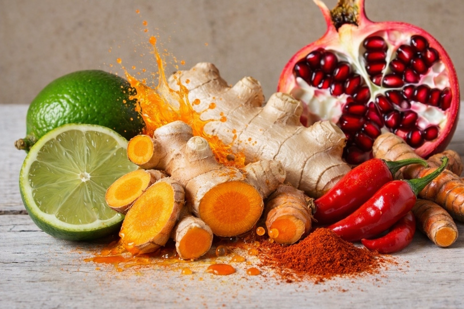 alt="VivAxis antioxidant boost: pomegranate, lime, turmeric, ginger, chili, and cayenne"