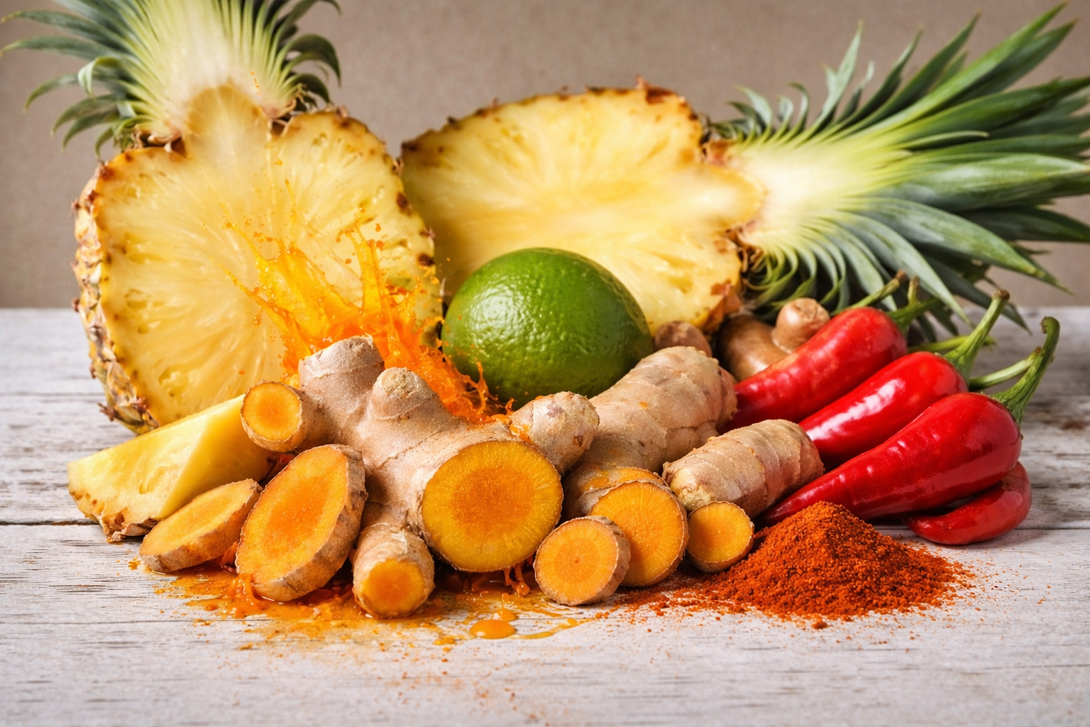 alt="VivAxis anti-inflammatory mix: pineapple, lime, turmeric, ginger, chili, and cayenne"
