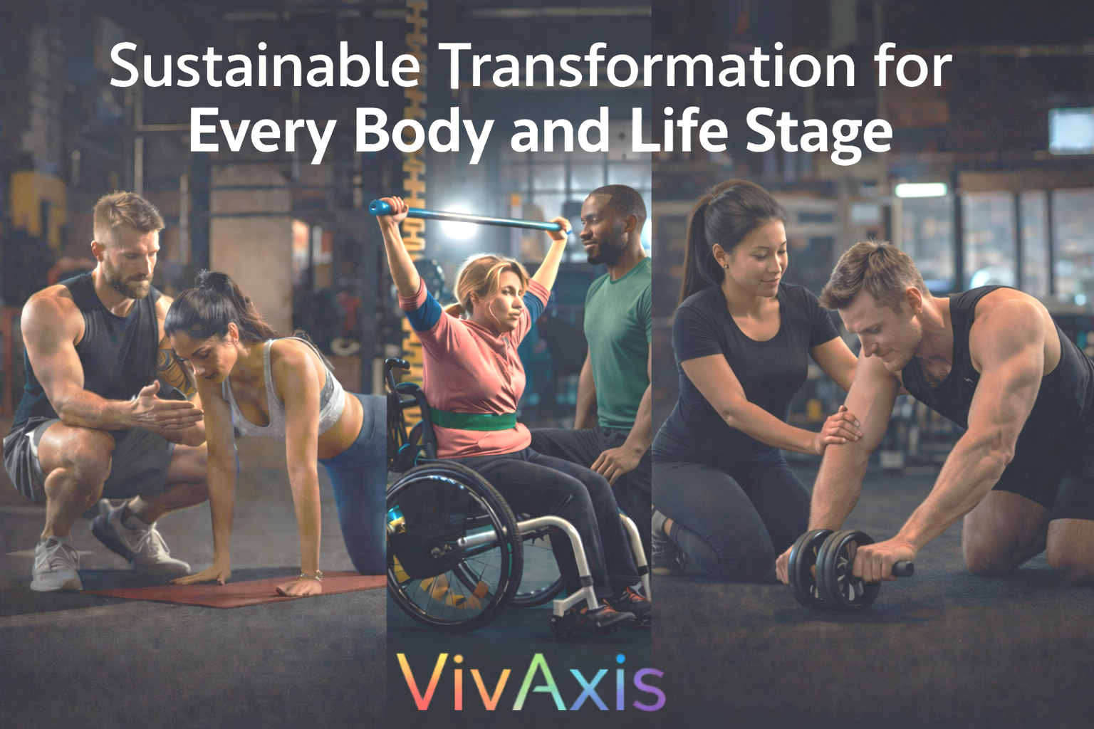 alt="VivAxis inclusive fitness group in a gym: diverse people of all ages, abilities, and body types exercising together, including a person in a wheelchair lifting weights, symbolising sustainable transformation for every body and life stage"