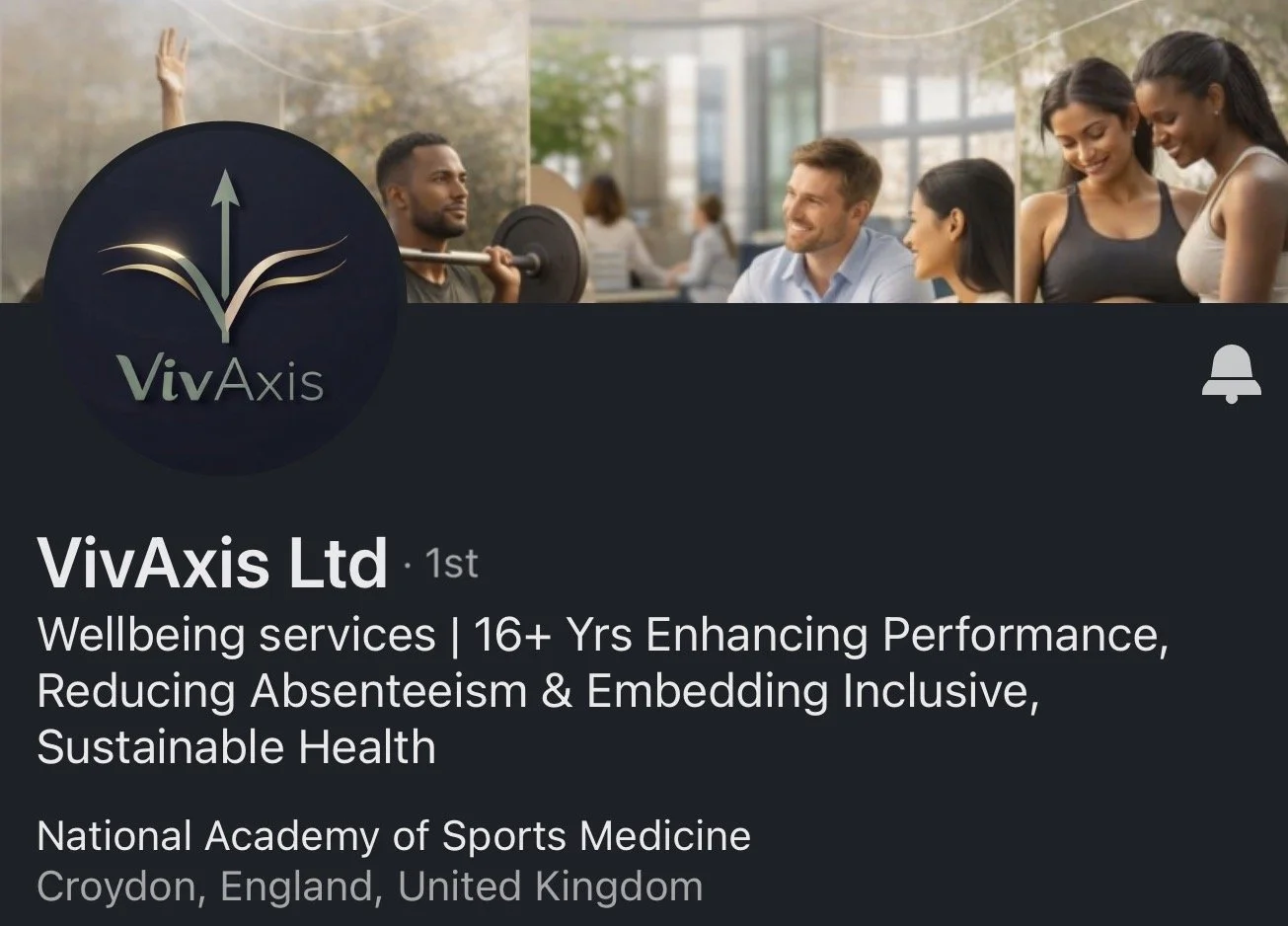 alt="VivAxis Ltd LinkedIn profile banner: company logo with upward arrow, diverse group of people engaging in fitness training and corporate wellness activities, tagline 'Wellbeing services | 16+ Yrs Enhancing Performance, Reducing Absenteeism"