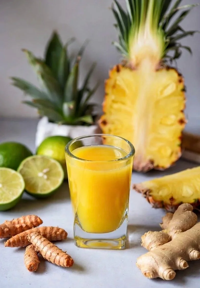 alt="VivAxis wellness shot: yellow juice with fresh pineapple, lime, turmeric, ginger, and aloe vera for natural immune support"