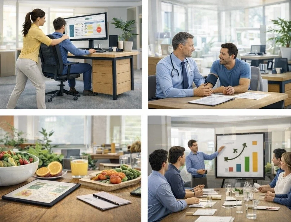 alt="VivAxis corporate wellbeing services collage: ergonomic office support, doctor health check, healthy nutrition planning, and team wellness workshop presentation"