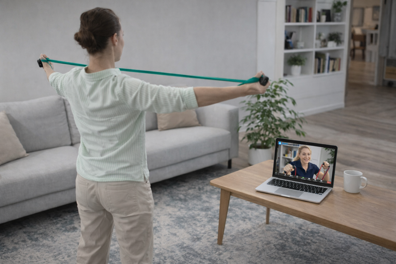 Woman using resistance bands for exercise while participating in a virtual workout session on her laptop at home.