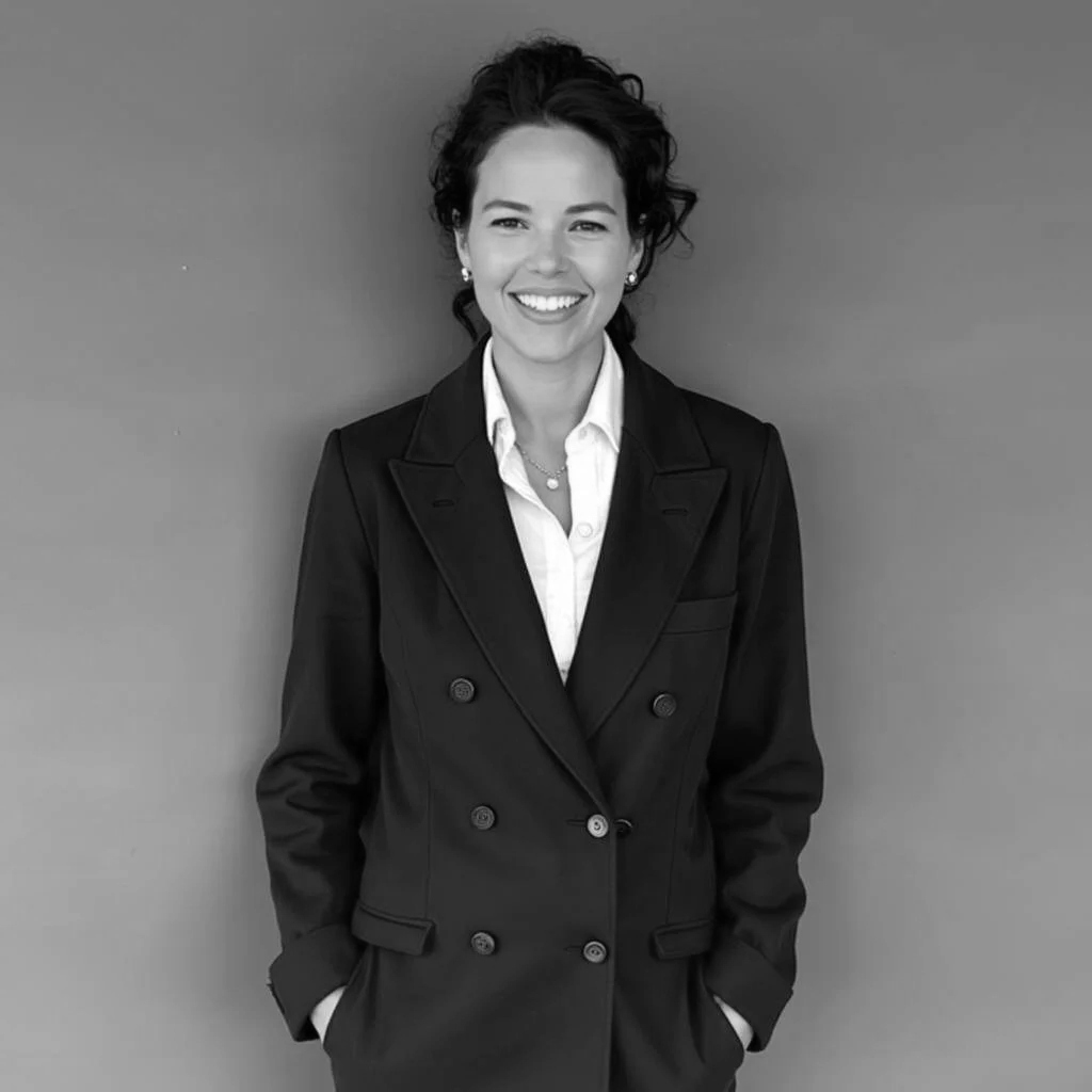 A smiling woman in a black blazer and white shirt, standing against a plain wall.