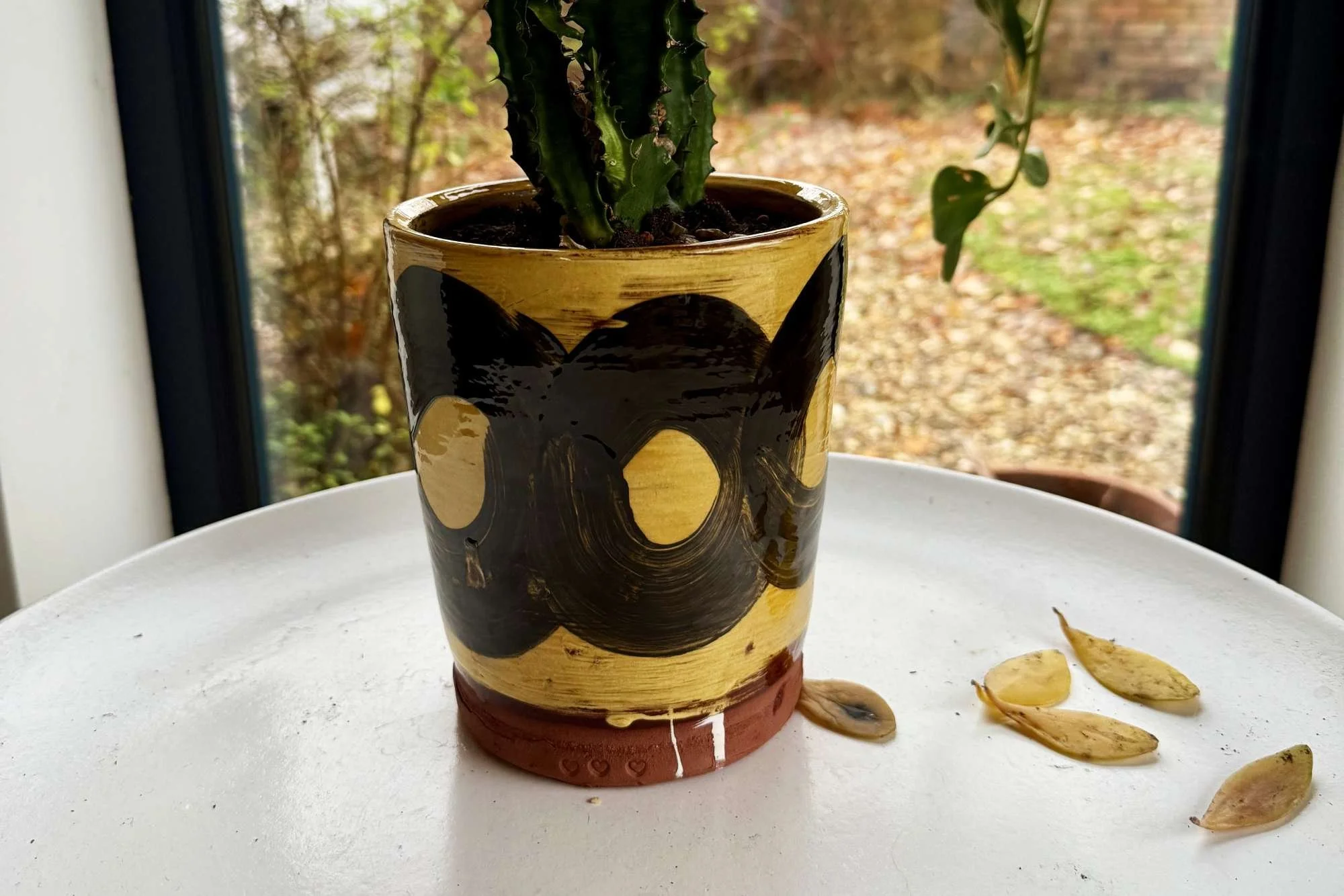 A terracotta plant pot with black and yellow abstract decoration, containing a cactus plant, is placed on a white table near a window. 