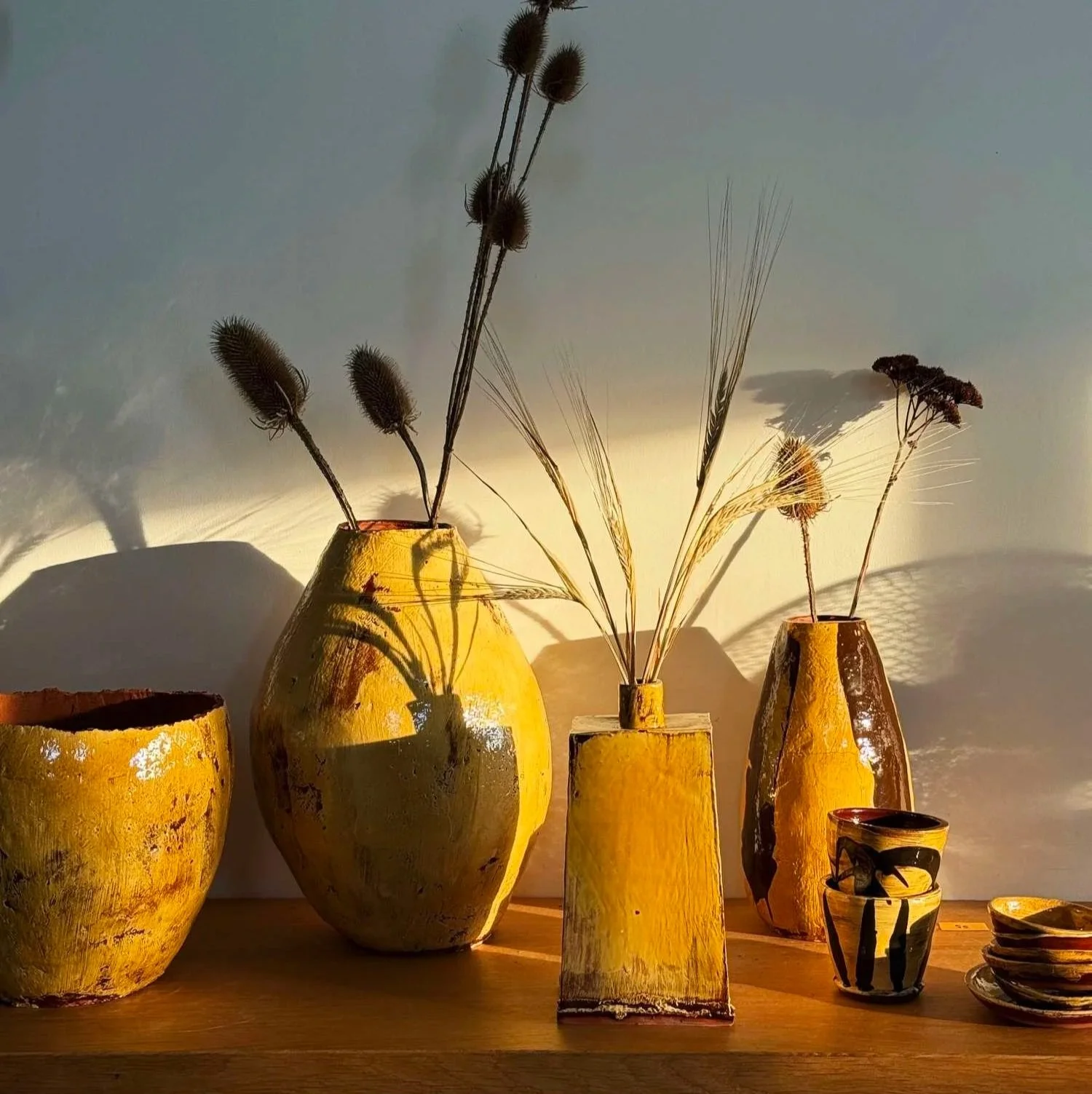 Arranged decorative ceramic vases with dried grasses and plants, casting shadows on a light-colored wall.
