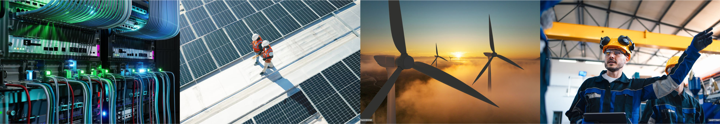 Composite image of renewable energy sources and technicians. From left to right: green servers and electrical wiring representing clean energy technology, two workers inspecting large solar panels, wind turbines at sunset, and a male technician in safety gear explaining something indoors.