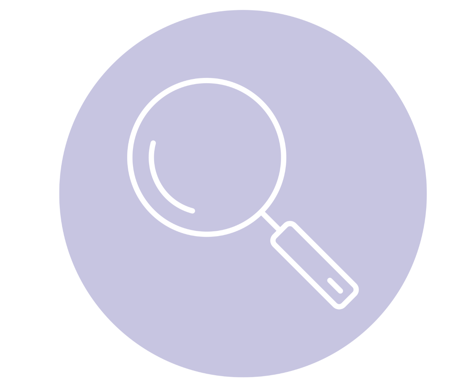 Magnifying glass icon on a light purple background.