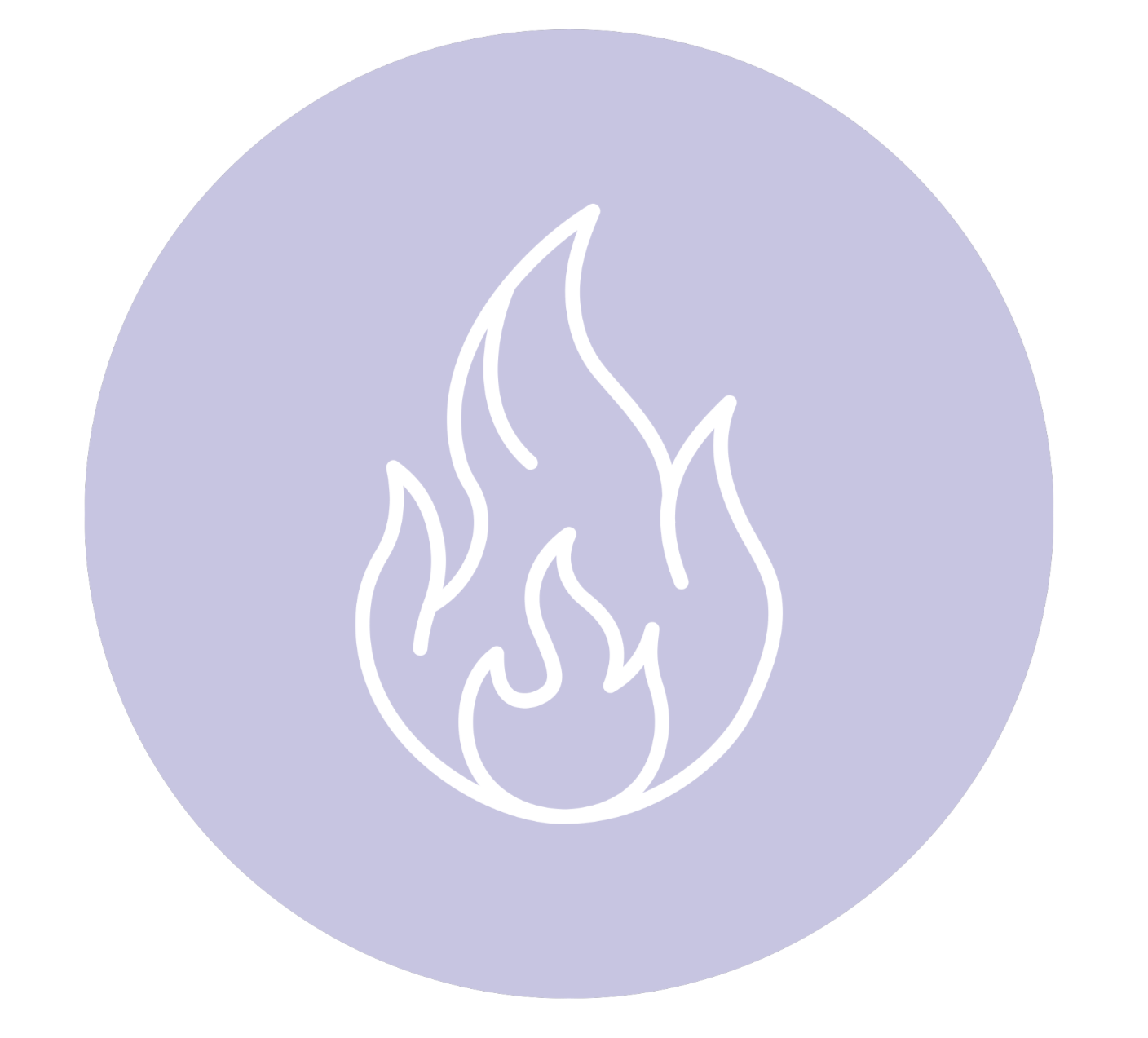 Outlined flame icon on a lavender circular background.