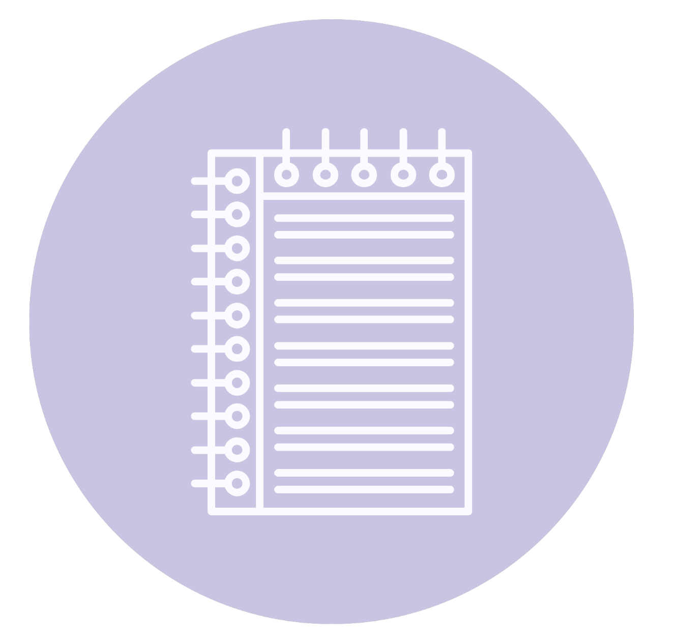 Outline of a spiral notebook with lined pages on a light purple background.