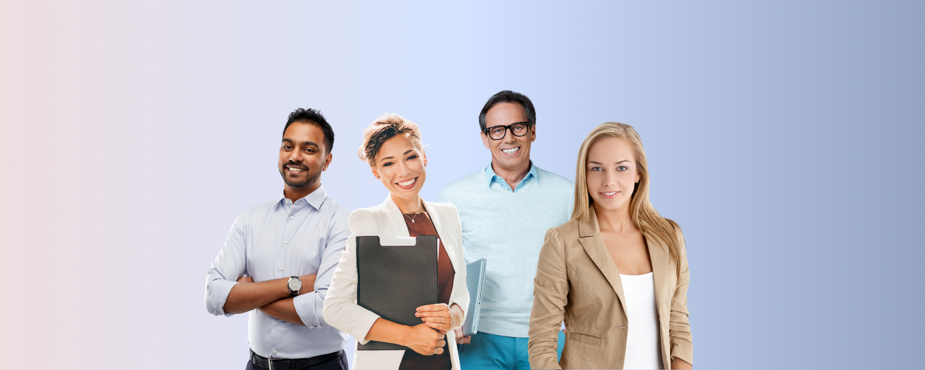 Diverse group of professionals smiling posing in front of a gradient background