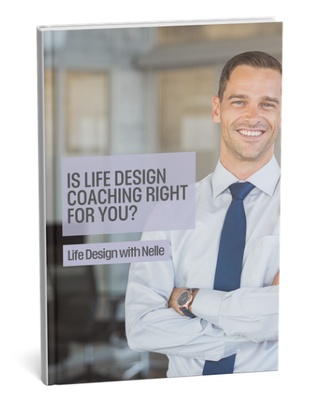 Book cover titled 'Is Life Design Coaching Right for You?' with an image of a smiling man in a white shirt and blue tie, standing with arms crossed, in a professional setting.
