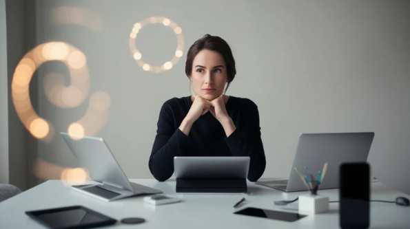 A woman sitting at a desk with two laptops, a tablet, and a smartphone, in a modern office with circular wall decorations.