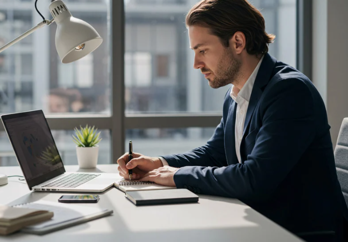 Man sitting in a suit at a desk with a lamp writing down his thoughts