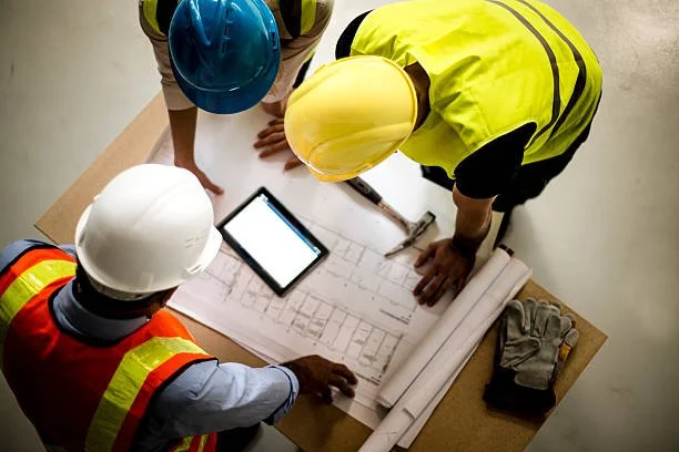Three construction workers wearing helmets and safety vests examining blueprints on a table with a tablet and rolled-up plans.