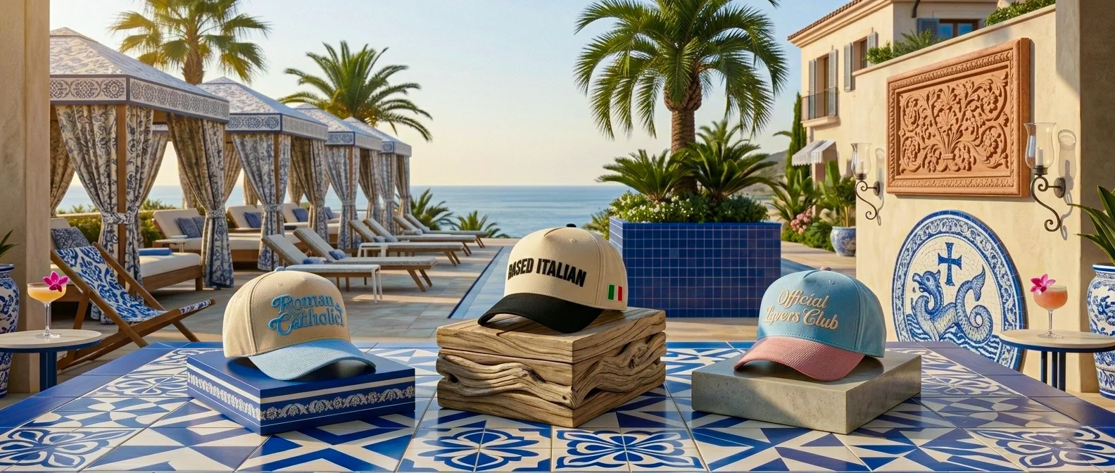 Three baseball caps on display at a poolside with lounge chairs, palm trees, and ocean in the background. The caps read 'Roman Catholic,' 'Based Italian,' and 'Official Lakers Club.'