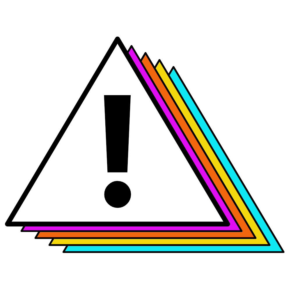 Warning sign with a black exclamation mark inside a white triangle, surrounded by colored layers