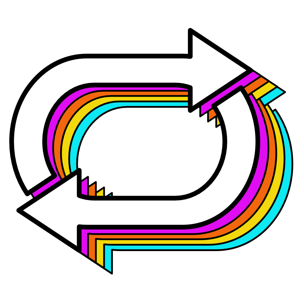 A U-turn arrow with rainbow-colored concentric lines inside the arrow